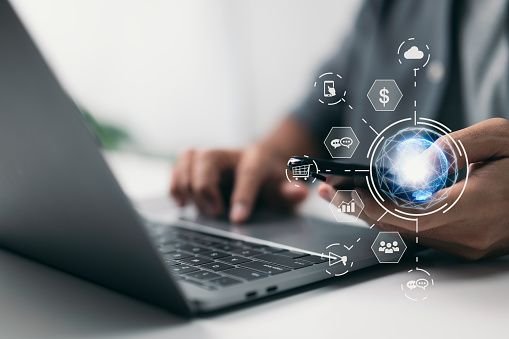 a man with a smartphone makes an internet purchase and a banking transaction.